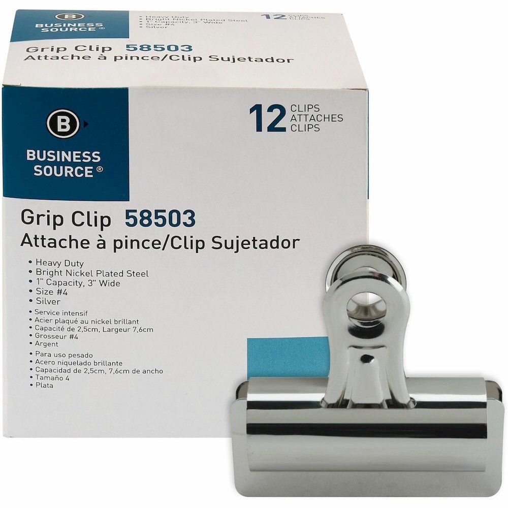 Business Source Bulldog Grip Clips - No. 4 - 3" Width - for Paper - Heavy Duty - Silver - 12 / Box. Picture 1