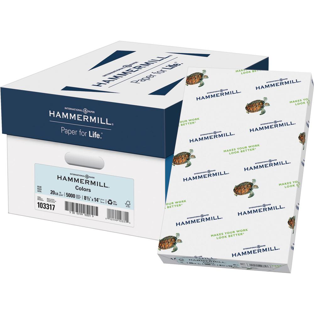 Hammermill Colors Recycled Copy Paper - Blue - Legal - 8 1/2" x 14" - 20 lb Basis Weight - 5000 / Carton - Jam-free - Blue. Picture 1