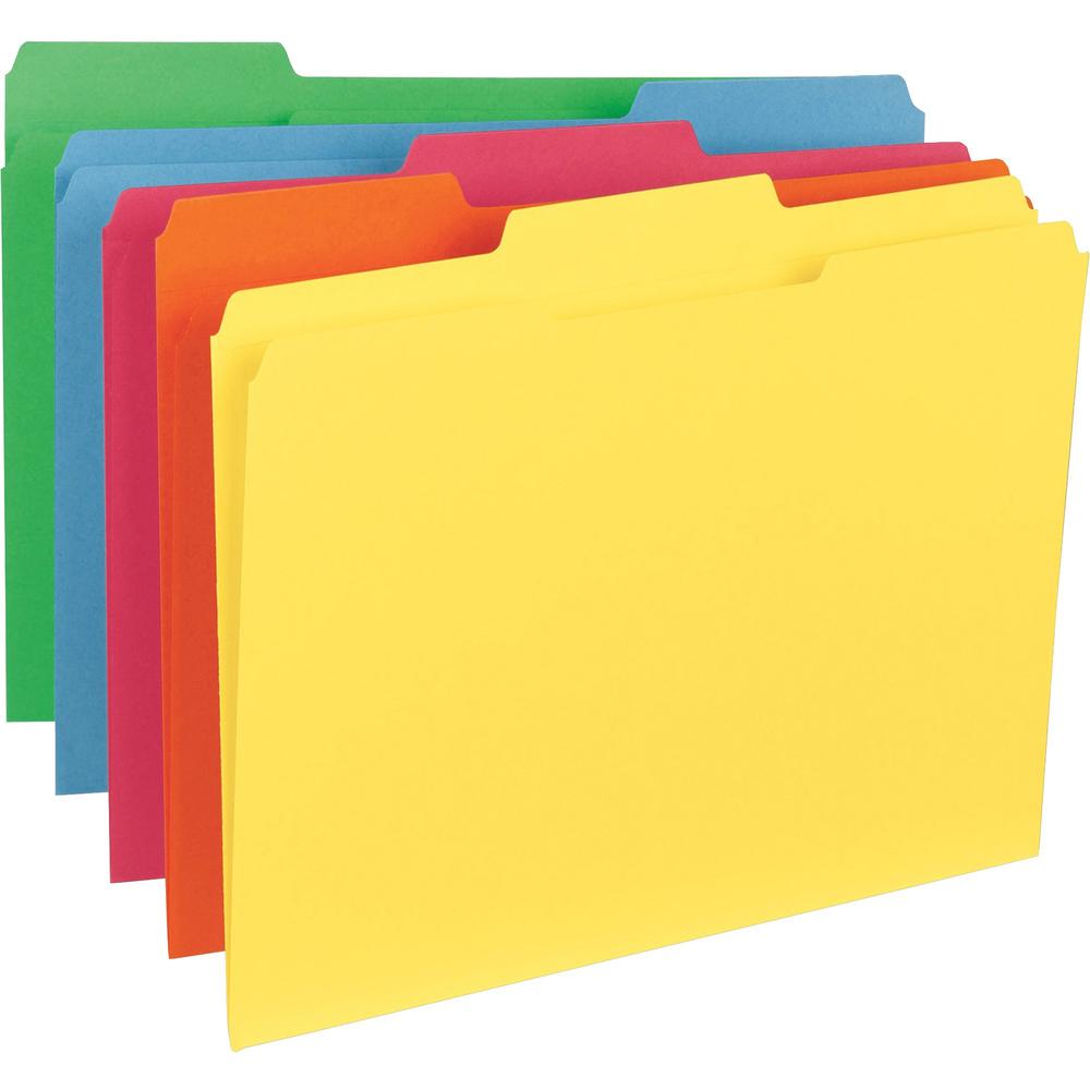 Business Source 1/3 Tab Cut Letter Recycled Classification Folder - 8 1/2" x 11" - Top Tab Location - Assorted Tab Position - 11 pt. - Blue, Green, Red, Orange, Yellow - 10% Recycled - 100 / Box. Picture 1