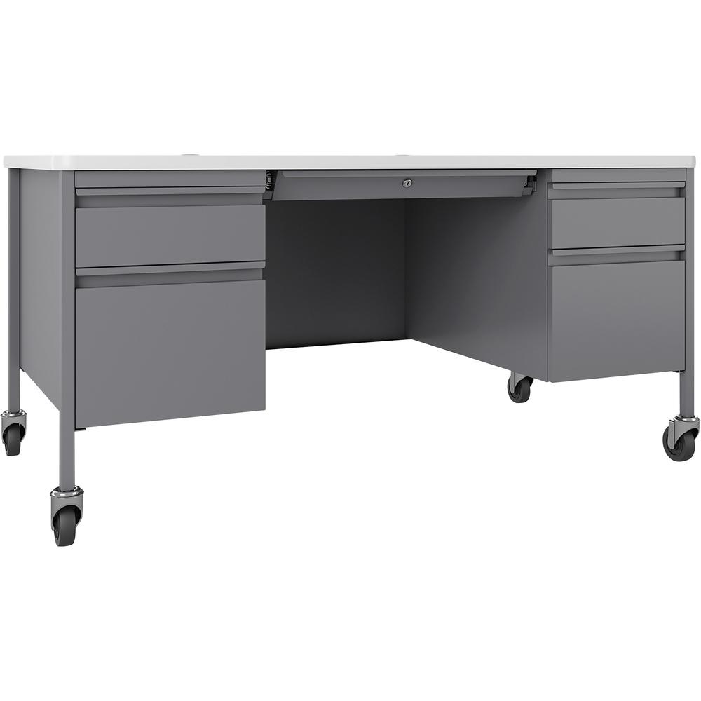 Lorell Fortress Series Mobile Double-Pedestal Teachers Desk - 29.5" Height x 60" Width x 30" Depth - Double Pedestal - T-mold Edge - Finish: Gray - 1 Each. Picture 1