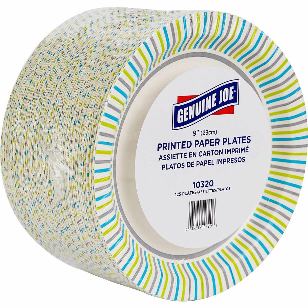 Genuine Joe 9" Printed Paper Plates - Disposable - 9" Diameter - Assorted - 125 / Pack. Picture 1