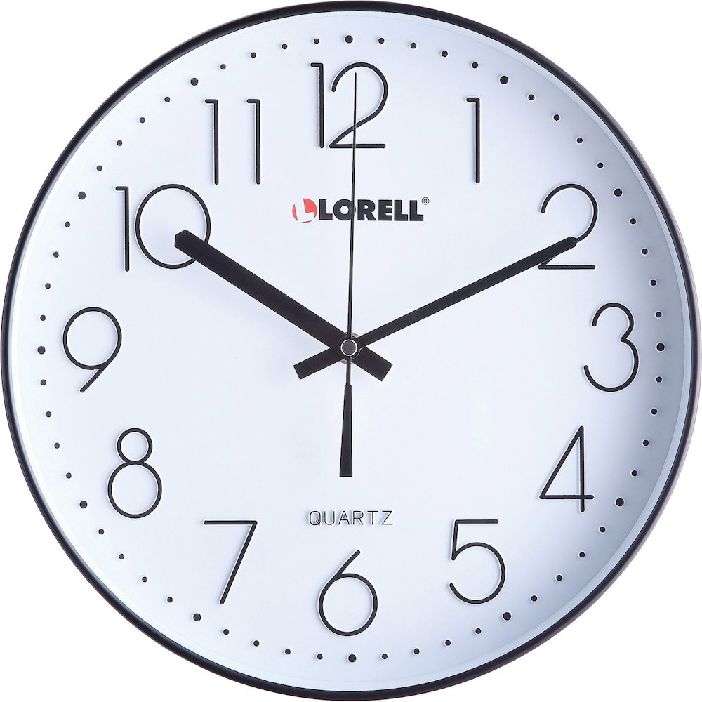 Lorell 12" Round Quiet Wall Clock - Analog - Quartz - Black Case. Picture 1