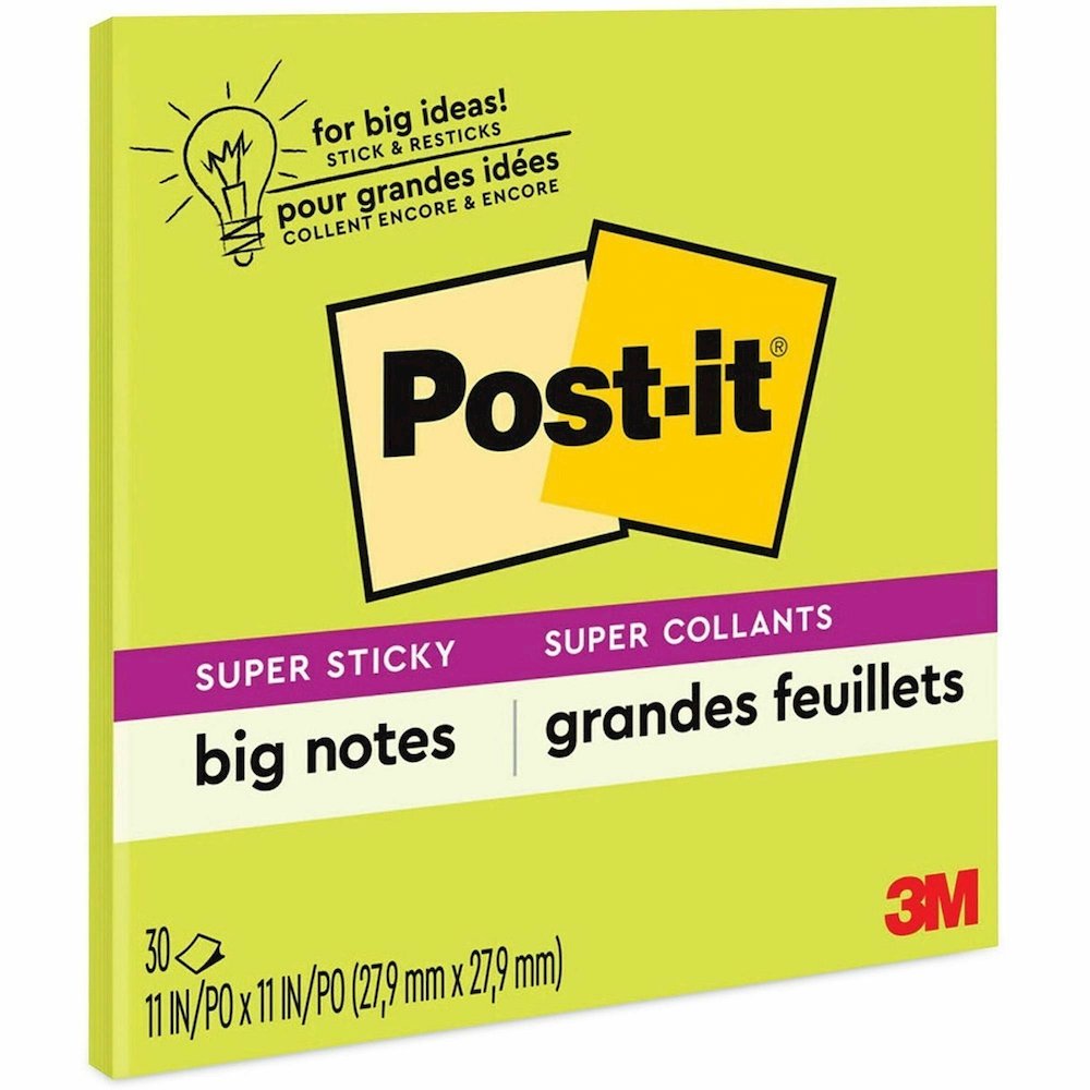 Post-it&reg; Super Sticky Big Notes - 30 x Green - 11" Flag/Note Width x 11" Flag/Note Length - Square - 30 Sheets per Pad - Green - Sticky, Removable - No - 1 Each. Picture 1
