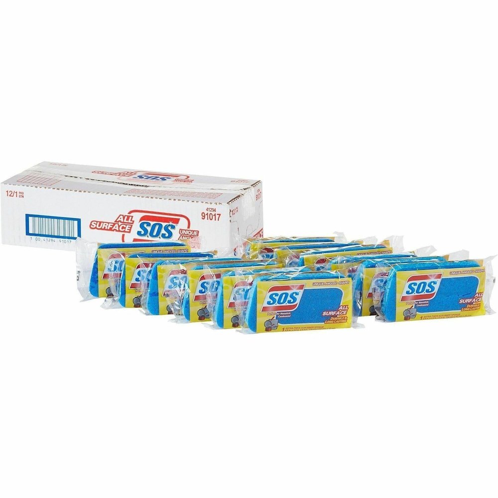 S.O.S All Surface Scrubber Sponge - 4.5" Height x 2.5" Width x 0.9" Depth - 2 / Pallet - Cellulose, Scrim - Blue. Picture 1