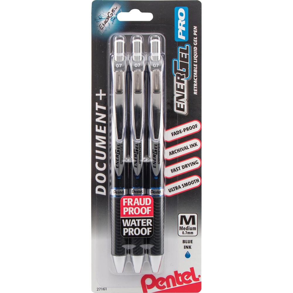 EnerGel PRO Retractable Liquid Gel Ink Pens - Refillable - Retractable - Blue Ink - Gel-based - Black Stainless Steel Barrel - Metal Tip - 3 / Pack. Picture 1