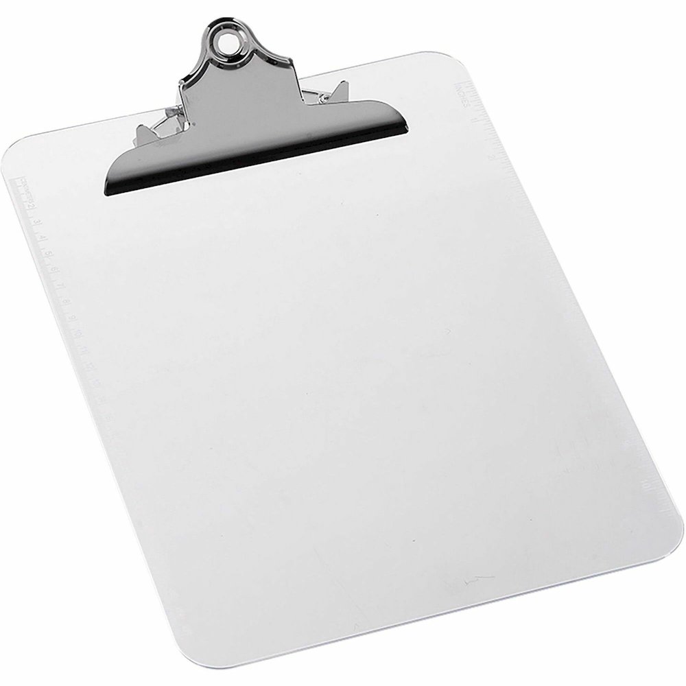 Business Source Spring Clip Plastic Clipboard - 8 1/2" x 11" Sheet Size - Spring Clip - Plastic - Clear - 12 / Box. Picture 1