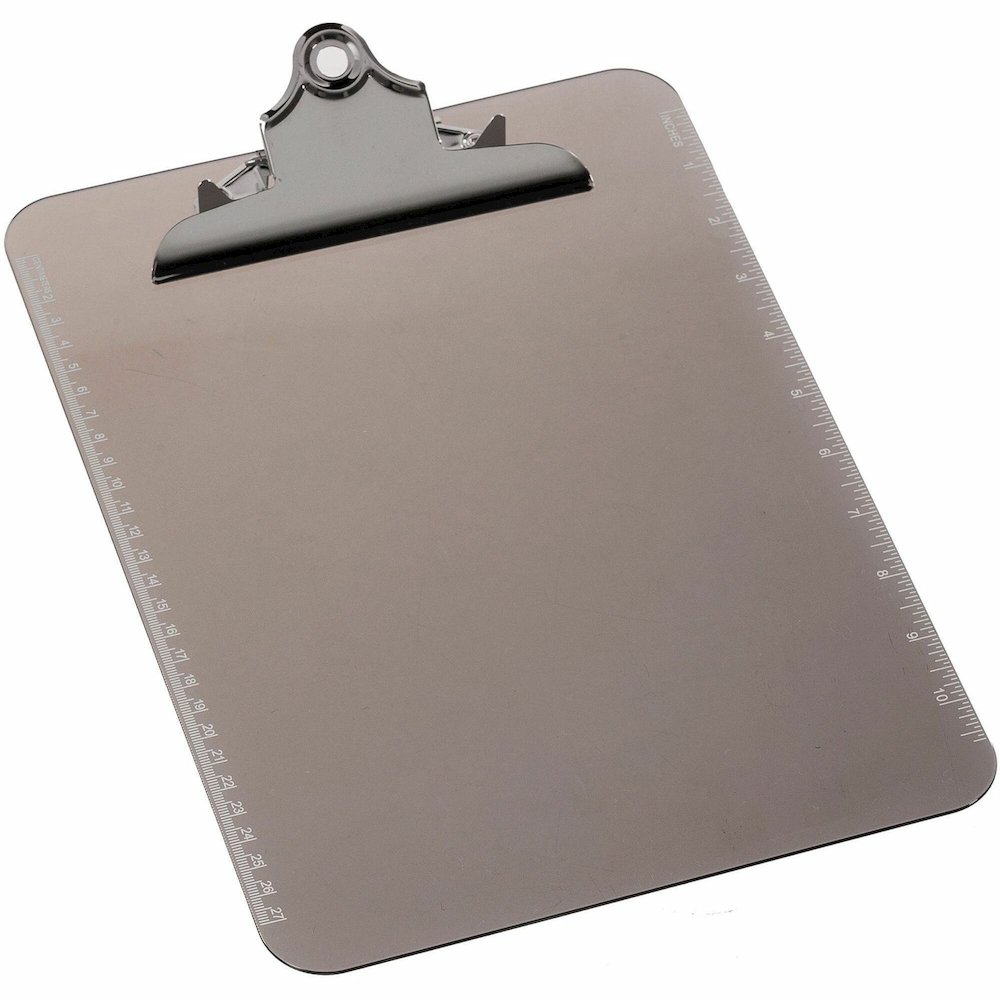 Business Source Spring Clip Plastic Clipboard - 8 1/2" x 11" Sheet Size - Spring Clip - Plastic - Smoke - 12 / Box. Picture 1