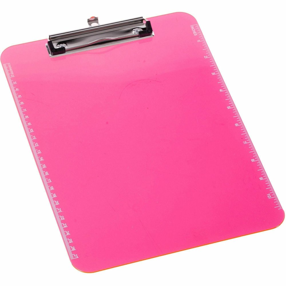 Business Source Flat Clip Clipboard - 9" x 12" Sheet Size - Plastic - Neon Pink - 6 / Bundle. Picture 1