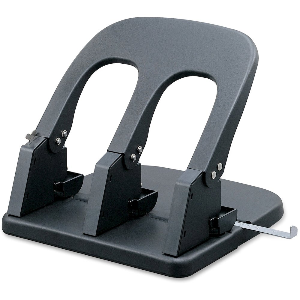 Business Source Adjustable Three-hole Punch - 3 Punch Head(s) - 100 Sheet - Die-cast Metal - 10.2" Width x 10.4" Depth x 6.2" Height - Black. Picture 1
