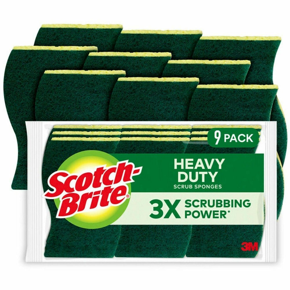 Scotch-Brite Heavy-Duty Scrub Sponges - 2.8" Height x 4.5" Width - 9/Pack - 5 / Carton - Yellow, Green. Picture 1