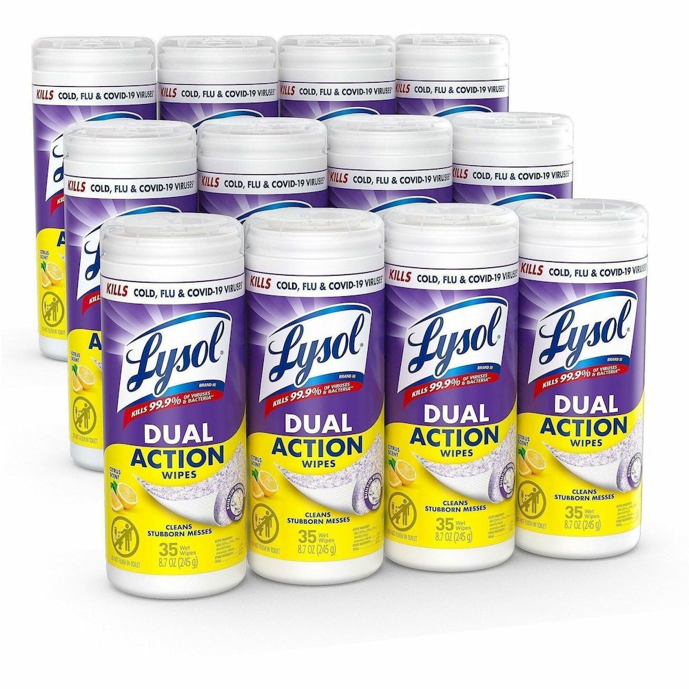 Lysol Dual Action Wipes - For Multi Surface - Citrus Scent - Recommended For: Stain Remover - White/Purple - 35/Tub - 12 / Carton. Picture 1