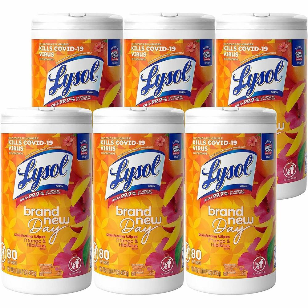 Lysol Brand New Day Disinfecting Wipes - Mango Scent - 80 / Canister - 6 / Carton - Disinfectant, Pre-moistened, Strong - White. Picture 1