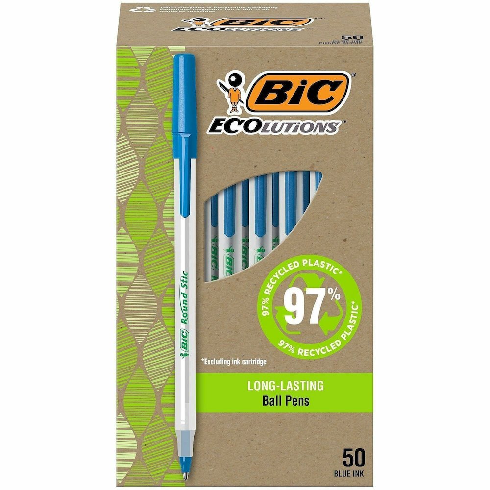 BIC Ecolutions Round Stic Ball Point Pen - Blue Ink - Semi Clear Barrel - 50 / Box. Picture 1