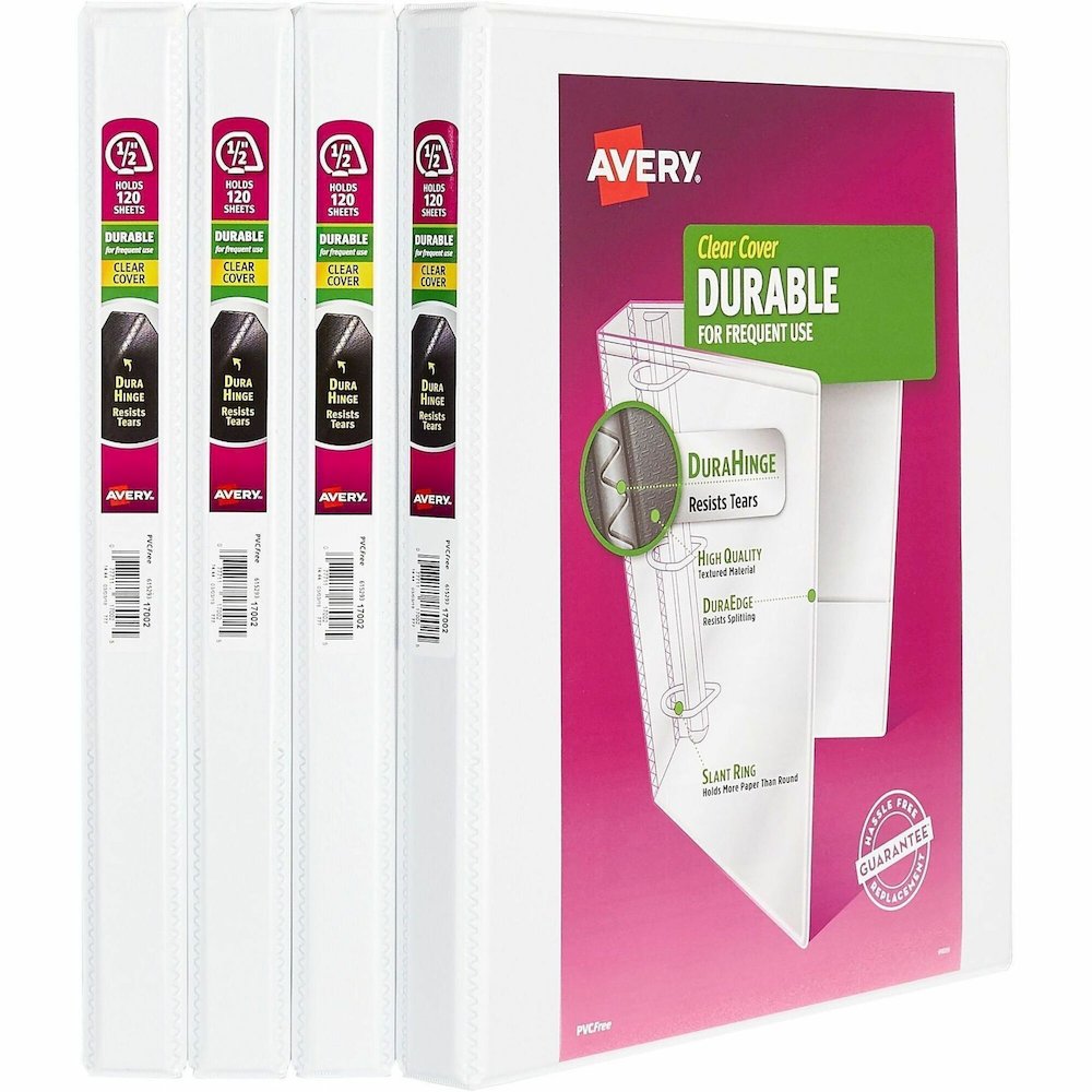 Avery Durable View 3 Ring Binders, 0.5" Slant Rings, 4 White Binders - Avery&reg; Durable View 3 Ring Binders, 0.5" Slant Rings, 4 White Binders (03362). Picture 1