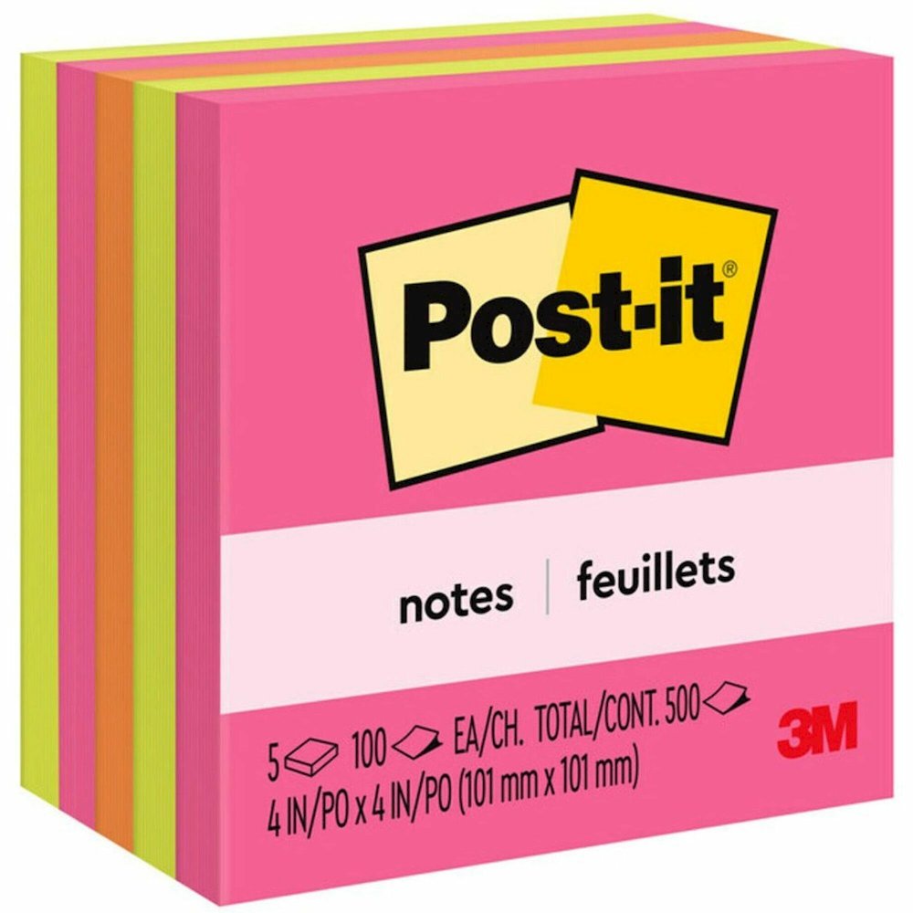 Post-it&reg; Notes - Poptimistic Color Collection - 4" Flag/Note Width x 4" Flag/Note Length - Square - 100 Sheets per Pad - Fuchsia, Neon Green, Neon Orange - Repositionable, Self-adhesive - 1 Pack. Picture 1