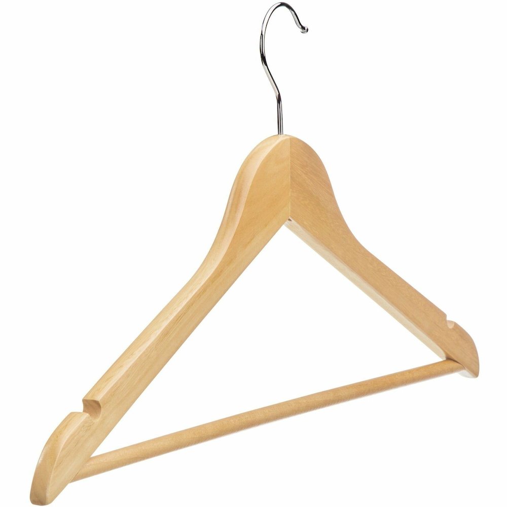 Lorell Wooden Coat Hangers - 7.2" Height x 13.8" Width - for Coat, Clothes, Garment - Wooden, Metal - Natural - 30 / Carton. Picture 1