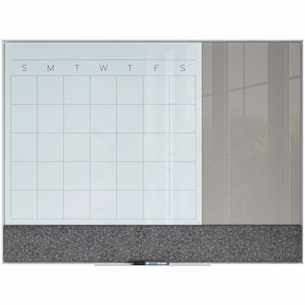 U Brands 3N1 Magnetic Glass Dry-Erase Monthly Calendar Board - 48" (4 ft) Width x 36" (3 ft) Height - Gray Tempered Glass Surface - White Aluminum Frame - Rectangle - Horizontal - Magnetic - 1 Each. Picture 1