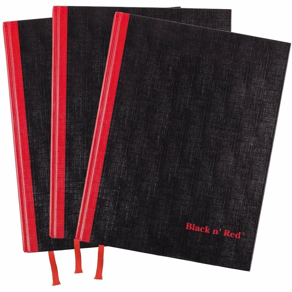 Black n' Red Casebound Hardcover Notebook 3-pack - Case Bound - 12" Height x 8.5" Width x 1.7" Length - Matte Cover - Hard Cover, Bleed Resistant, Ribbon Marker - 3 / Pack. Picture 1