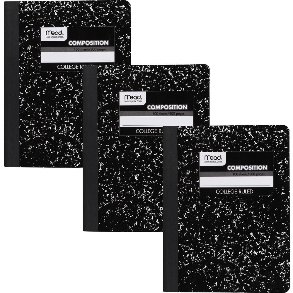Mead College Ruled Comp Book - 100 Sheets - Sewn - 9 3/4" x 7 1/2" Sheet Size - 9" Height x 7" Width x 0.5" Length - White Paper - Black Marble Cover - Multiplication Table, Conversion Table, Sturdy C. Picture 1