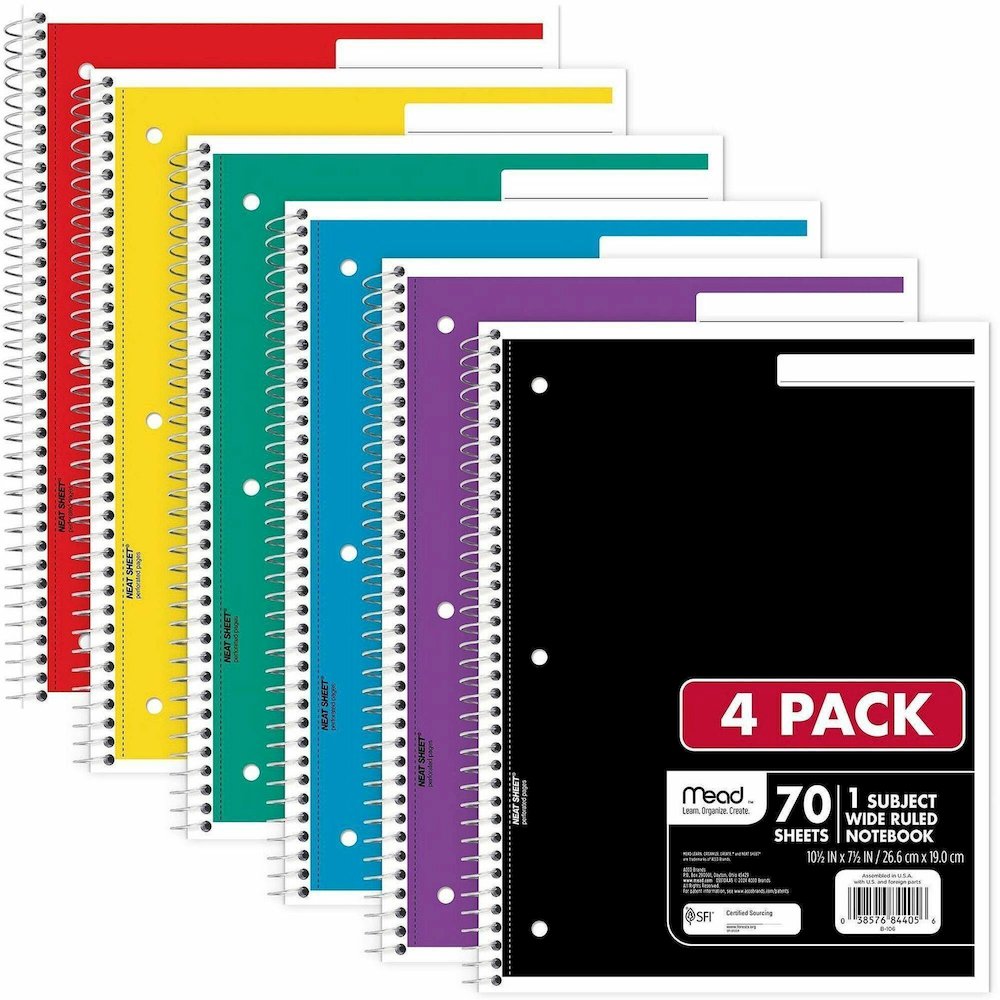 Mead 1 Subject Wide Ruled Spiral Notebook - 70 Sheets - 140 Pages - Spiral Bound - 3 Hole(s) - 10 1/2" x 8" Sheet Size - 10" Height x 8" Width x 0.5" Length - White Paper - Assorted Cover - Durable Co. Picture 1
