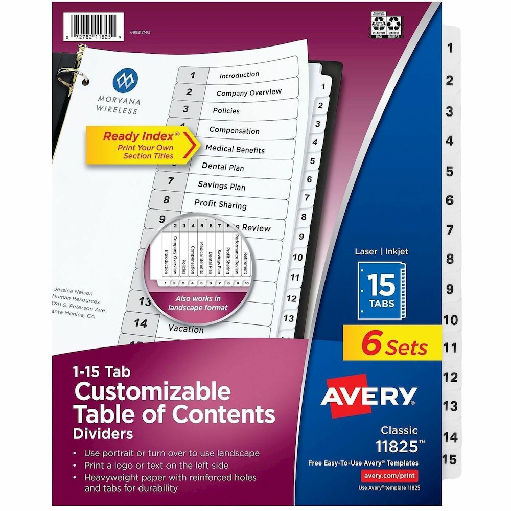 Avery Dividers, 15 Tabs, Ready Index (6 Sets of 11825) - 90 x Divider(s) - 90 Tab(s) - Digit - 1-15, Table of Contents - 15 Tab(s)/Set - 8.5" Divider Width x 11" Divider Length - 3 Hole Punched - Whit. Picture 1