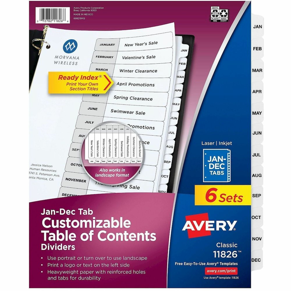 Avery Jan-Dec Dividers, 12 Tabs, Ready Index (6 Sets of 11826) - 72 x Divider(s) - 72 Tab(s) - Month - Jan-Dec, Table of Contents - 12 Tab(s)/Set - 8.5" Divider Width x 11" Divider Length - 3 Hole Pun. Picture 1