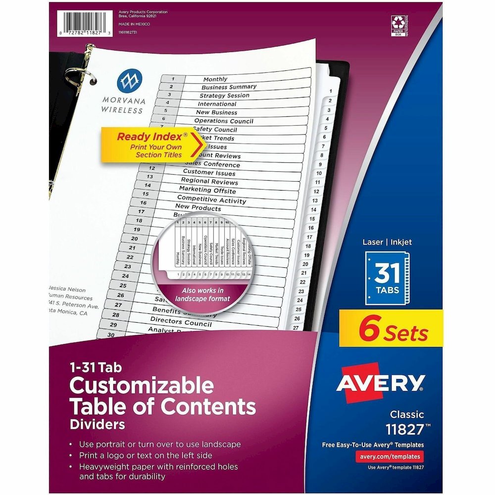 Avery 1-31 Dividers, 31 Tabs, Ready Index (6 Sets of 11827) - 186 x Divider(s) - 186 Tab(s) - Digit - 1-31, Table of Contents - 31 Tab(s)/Set - 8.5" Divider Width x 11" Divider Length - 3 Hole Punched. Picture 1