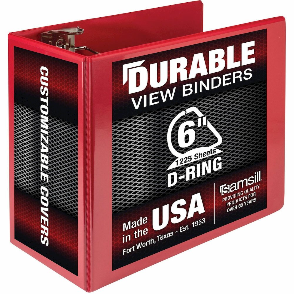 Samsill Nonstick 6" Locking D-Ring View Binder - 6" Binder Capacity - 1225 Sheet Capacity - 3 Ring - Fastener: D-Ring - Pocket: 2, Internal - Red - 2.73 lb - Recycled - Lockable, Non-stick, Concealed . Picture 1