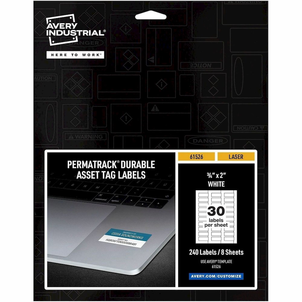 Avery&reg; PermaTrack Durable White Asset Tag Labels, 3/4" x 2" , 240 Asset Tags - Waterproof - 3/4" Width x 2" Length - Permanent Adhesive - Rectangle - Laser - Matte White - Matte - Film - Water Res. Picture 1