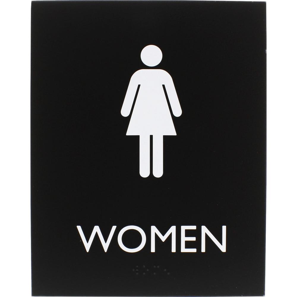 Lorell Women's Restroom Sign - Print/Message "Women" - 6.4" Width x 8.5" Height - Rectangular Shape - Surface-mountable - Easy Readability, Braille - Plastic - Black - 1 Each. Picture 1