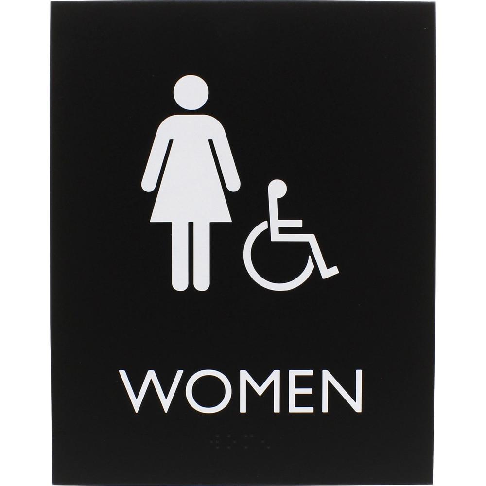 Lorell Women's Handicap Restroom Sign - Print/Message "Women" - 6.4" Width x 8.5" Height - Rectangular Shape - Surface-mountable - Easy Readability, Braille - Plastic - Black - 1 Each. Picture 1