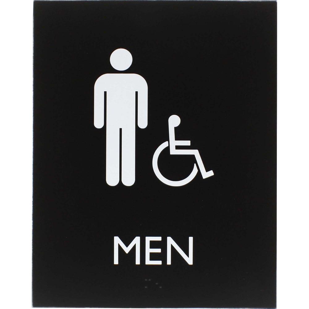 Lorell Men's Handicap Restroom Sign - Print/Message "Men" - 6.4" Width x 8.5" Height - Rectangular Shape - Surface-mountable - Easy Readability, Braille - Plastic - Black - 1 Each. Picture 1