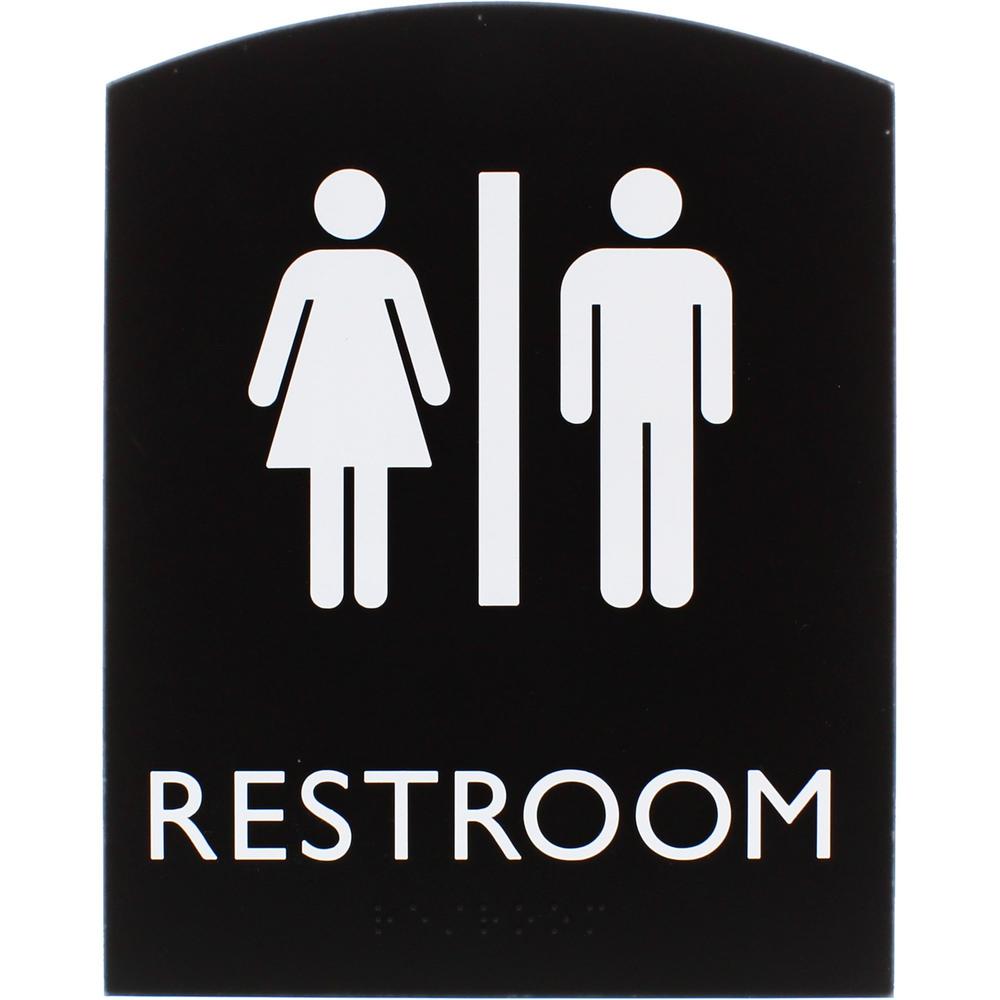 Lorell Arched Unisex Restroom Sign - 6.8" Width x 8.5" Height - Rectangular Shape - Surface-mountable - Easy Readability, Braille - Plastic - Black - 1 Each. Picture 1