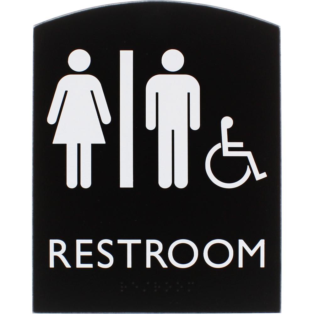 Lorell Arched Unisex Handicap Restroom Sign - 6.8" Width x 8.5" Height - Rectangular Shape - Surface-mountable - Easy Readability, Braille - Plastic - Black - 1 Each. Picture 1