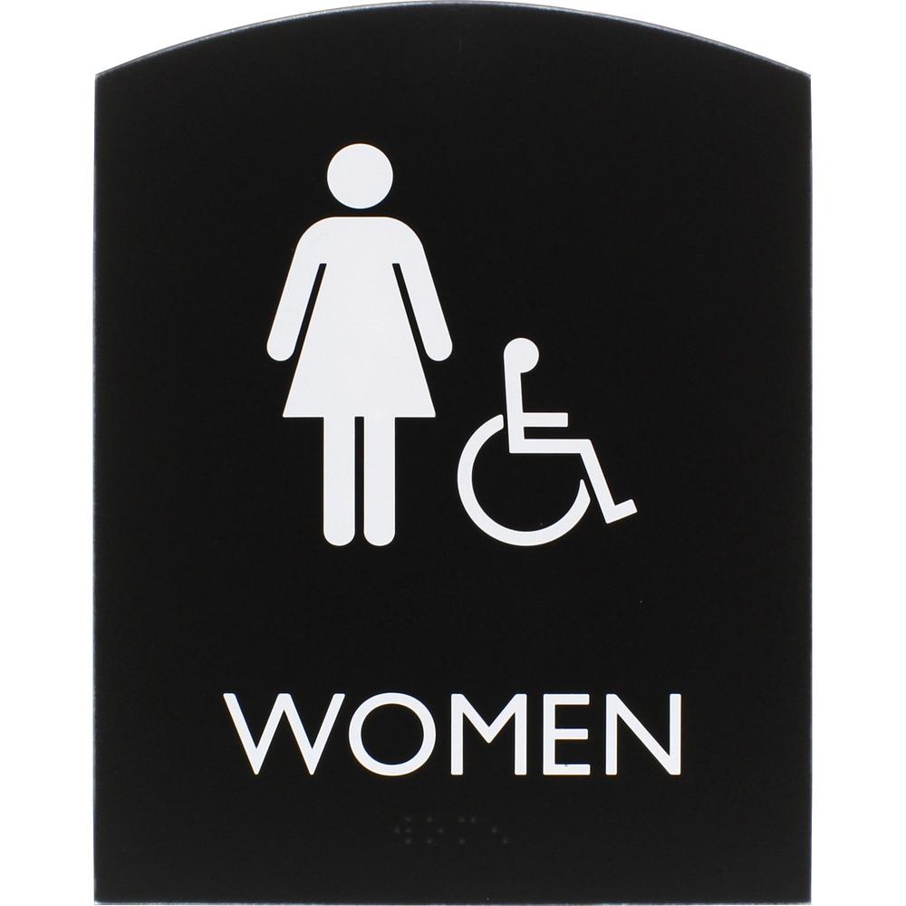 Lorell Arched Women's Handicap Restroom Sign - Print/Message "Women" - 6.8" Width x 8.5" Height - Rectangular Shape - Surface-mountable - Easy Readability, Braille - Plastic - Black - 1 Each. Picture 1