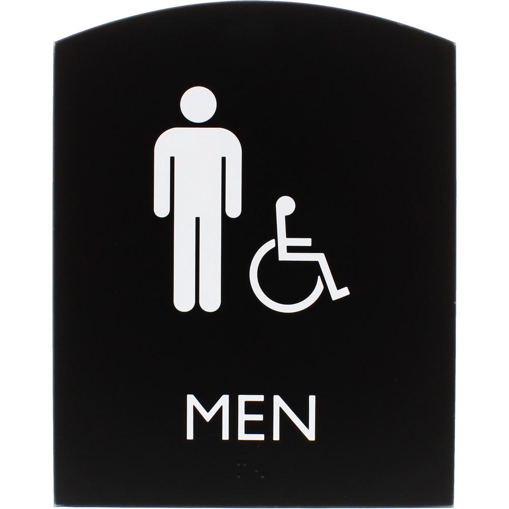 Lorell Arched Men's Handicap Restroom Sign - Print/Message "Men" - 6.8" Width x 8.5" Height - Rectangular Shape - Surface-mountable - Easy Readability, Braille - Plastic - Black - 1 Each. Picture 1