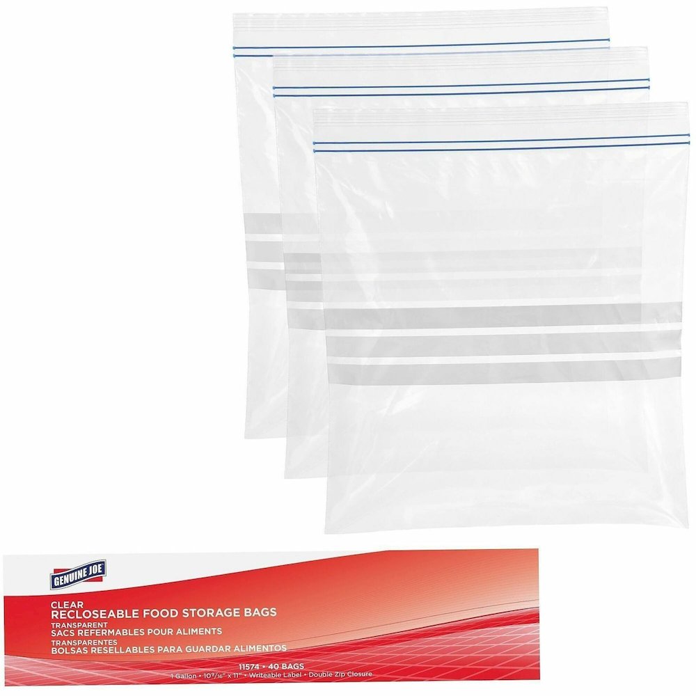 Genuine Joe Food Storage Bags - 1 gal Capacity - 11" Length x 10.56" Width x 1.75 mil (44 Micron) Thickness - Zipper Closure - Clear - Food, Beef, Poultry, Vegetables, Seafood - 40/Box - 9 / Carton. Picture 1