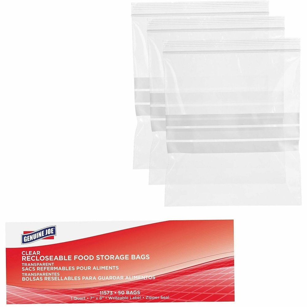 Genuine Joe Food Storage Bags - 1 quart Capacity - 8" Length x 7" Width x 1.75 mil (44 Micron) Thickness - Clear - Food, Beef, Seafood, Poultry, Vegetables - 50/Box - 9 / Carton. Picture 1