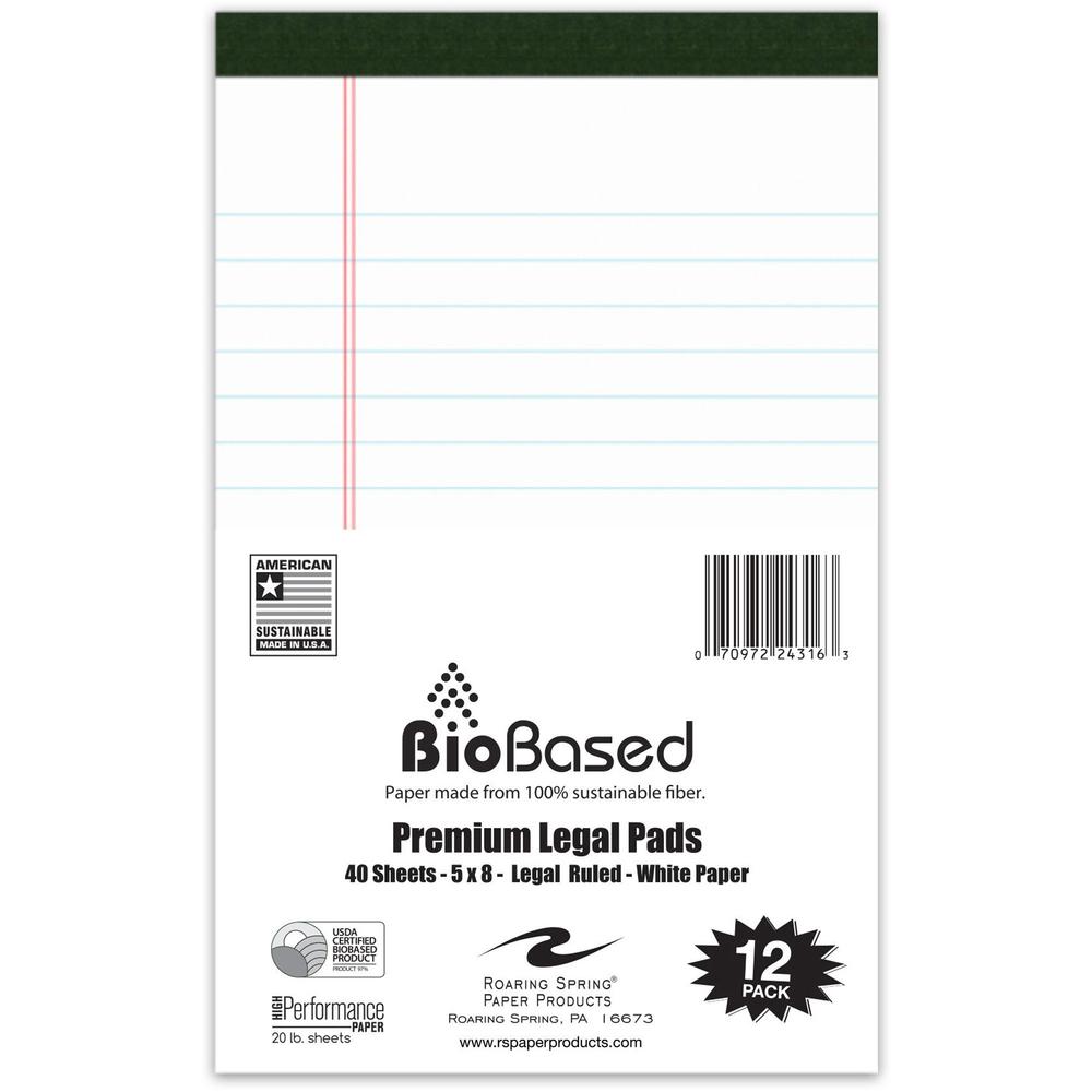 Roaring Spring USDA Certified Bio-Preferred Junior Size Legal Pads - 40 Sheets - 80 Pages - Printed - Stapled/Tapebound - Both Side Ruling Surface - Wide Ruled Front Ruling - 0.34" Ruled - Double Line. Picture 1
