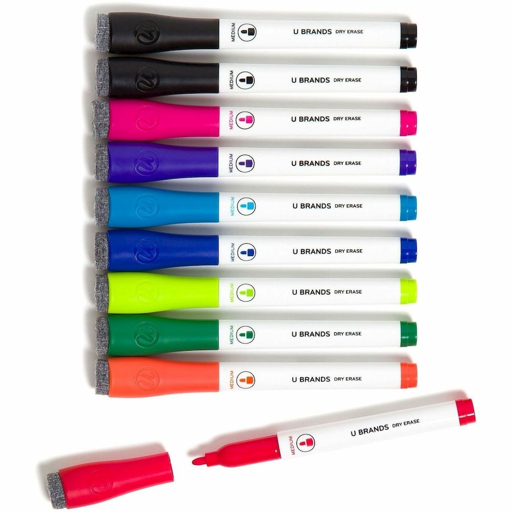 U Brands Dry-Erase Markers - Erasable - Assorted Ink - White Plastic Barrel - 10 / Pack. Picture 1