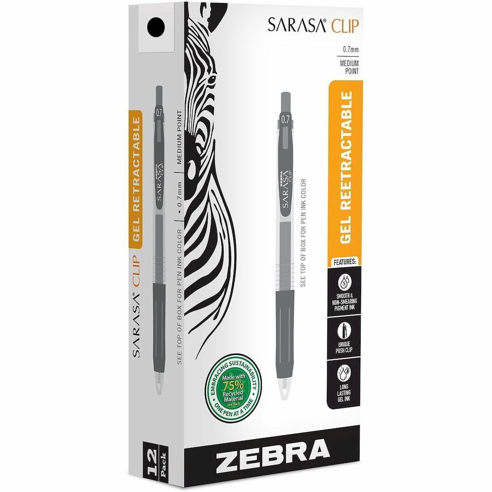 Zebra Pen SARASA Clip Retractable Gel Pen - Retractable - Black Ink - Water Based, Pigment-based, Gel-based - 1 Dozen. Picture 1