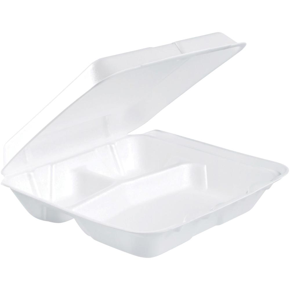 Dart Insulated Foam 3-compartment Containers - External Dimensions: 8" Length x 7.5" Width x 2.3" Height - Stackable - Extruded Polystyrene - White - For Transportation, Food Storage - 2 / Carton. Picture 1