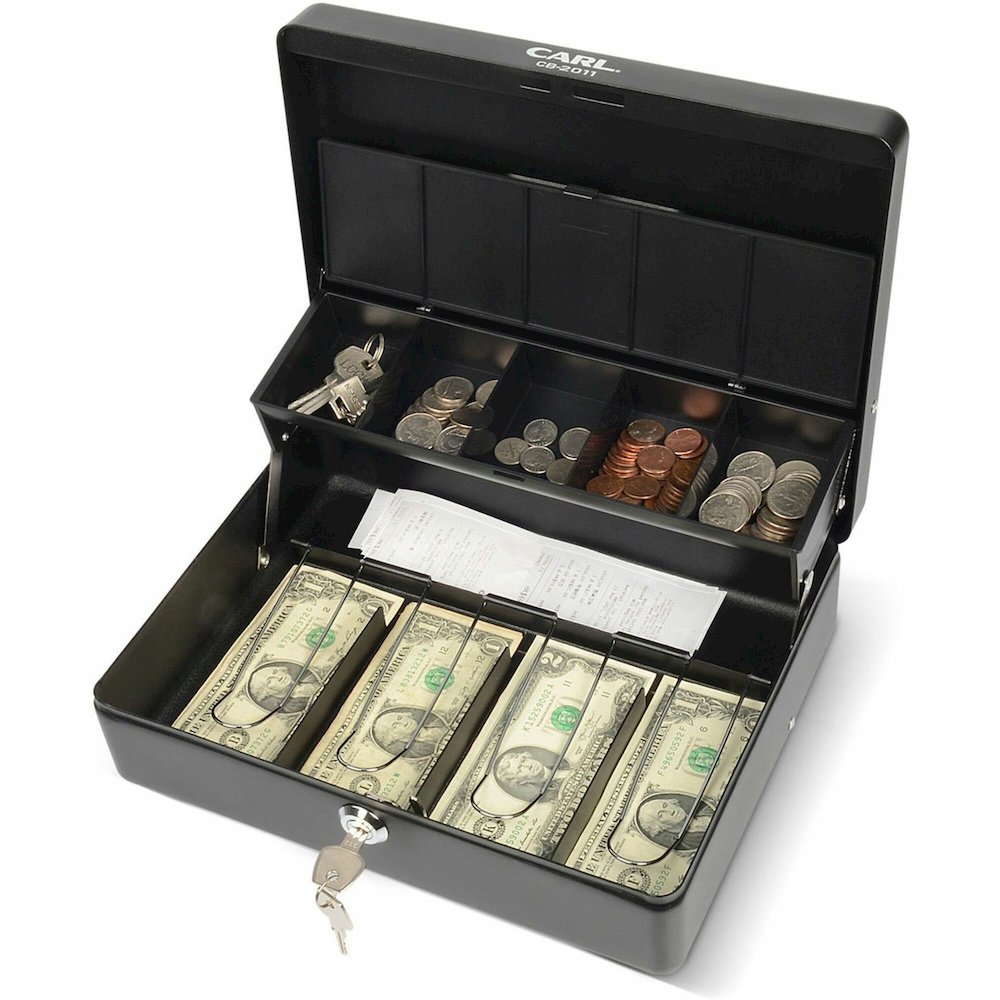 CARL Bill Slots Steel Security Cash Box - 4 Bill - 5 Coin - Steel - Black - 3.5" Height x 10" Width x 7" Depth. Picture 1