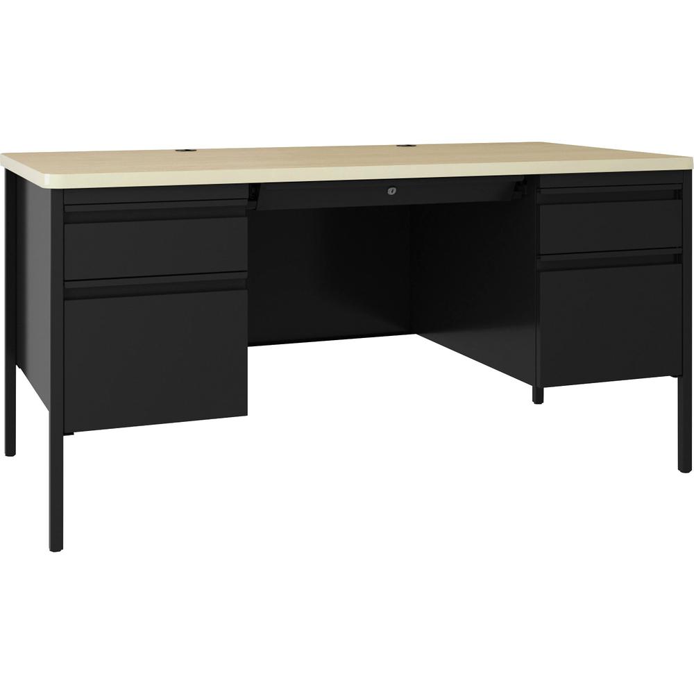 Lorell Fortress Series Double-Pedestal Teachers Desk - 60" x 29.5"30" , 0.8" Modesty Panel - Double Pedestal - T-mold Edge - Material: Steel - Finish: Maple, Black. Picture 1