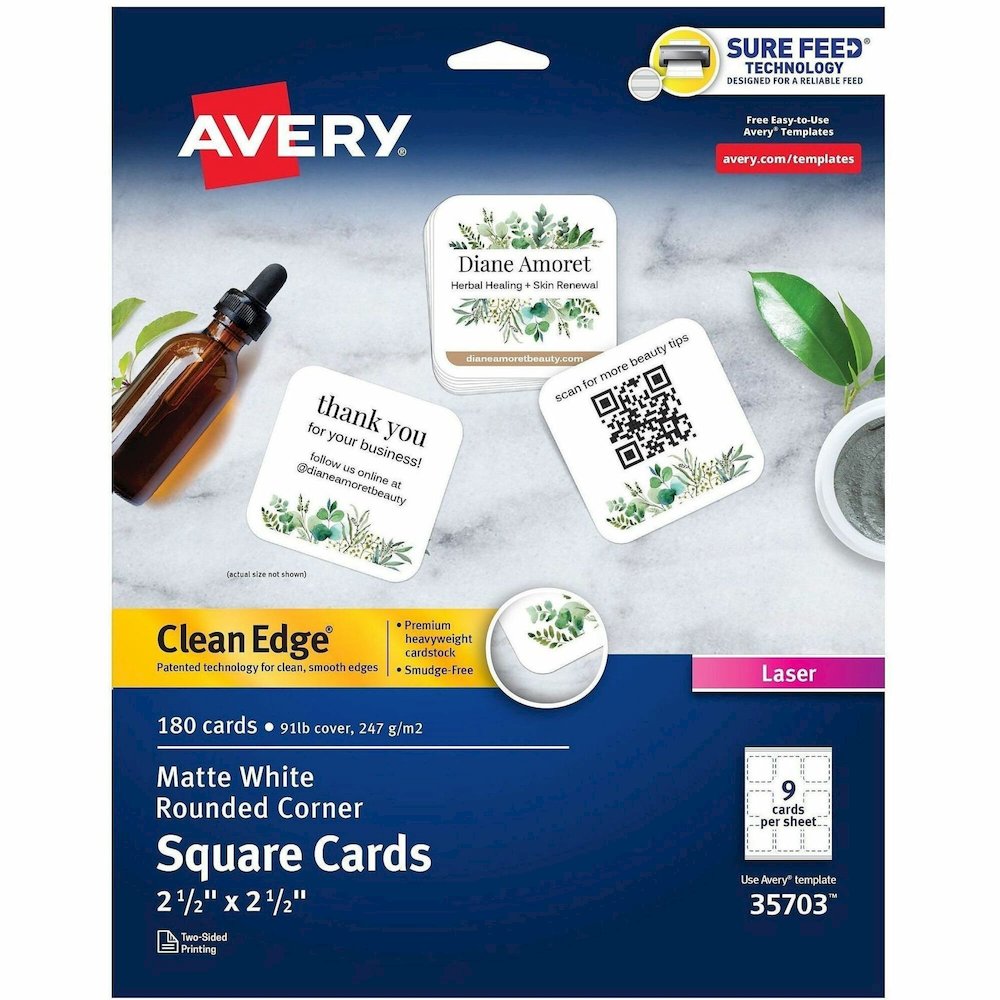 Avery&reg; Clean Edge Square Cards, Rounded Corners, 2.5" x 2.5" (35703) - 145 Brightness - A4 - 8 1/2" x 11" - 91 lb Basis Weight - 247 g/m² Grammage - Matte - Printable, Rounded Corner, Die-cut. Picture 1