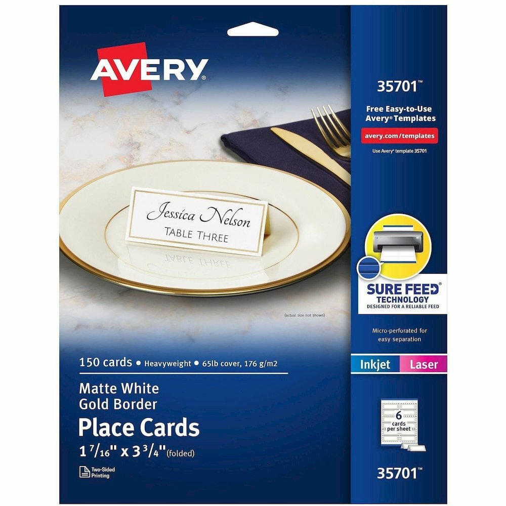 Avery&reg; Place Cards, 1-7/16" x 3-3/4" , Gold Border, 150 Cards (35701) - 97 Brightness - Letter - 8 1/2" x 11" - 65 lb Basis Weight - 176 g/m² Grammage - Matte - Perforated, Print-to-the-edge,. Picture 1