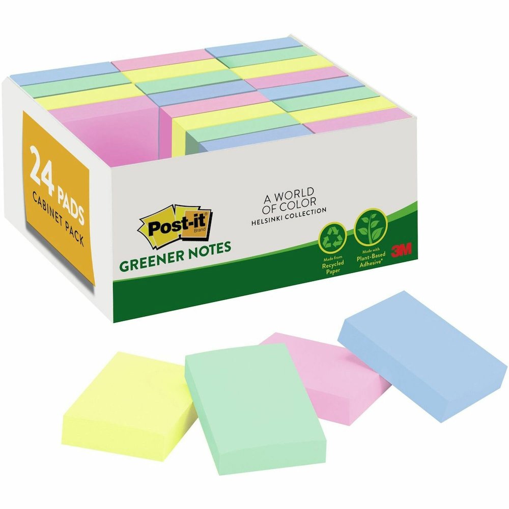 Post-it&reg; Greener Notes Value Pack - Beachside Cafe Color Collection - 1 1/2" Flag/Note Width x 2" Flag/Note Length - Rectangle - Positively Pink, Canary Yellow, Fresh Mint, Moonstone - Paper - Sel. Picture 1