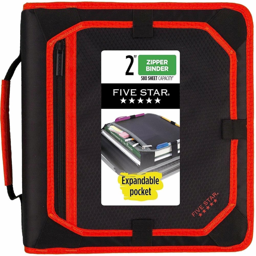 Five Star Zipper Binder With Expansion Panel, 2" Rings, Assorted Colors - 2" Binder Capacity - Letter - 8 1/2" x 11" Sheet Size - 380 Sheet Capacity - 3 Ring - Fastener: Round Ring - Pocket: 5 - Fabri. Picture 1