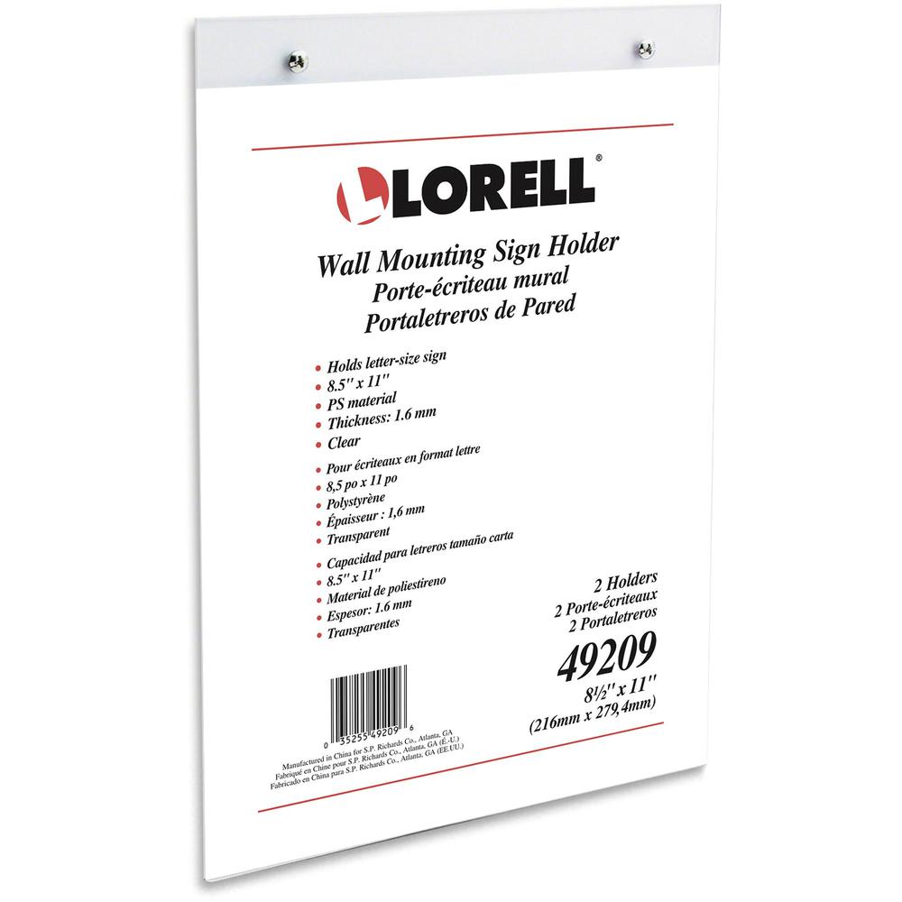 Lorell Wall-Mounted Sign Holders - Support 8.50" x 11" Media - Acrylic - Clear - 2 / Pack. Picture 1