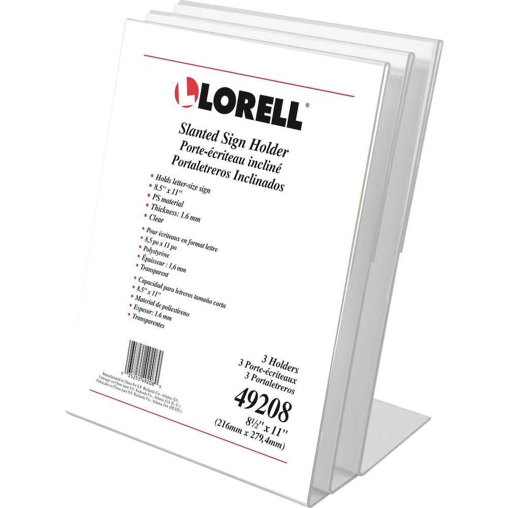 Lorell L-base Slanted Sign Holder Stand - Support 8.50" x 11" Media - Acrylic - Clear - 3 / Pack. Picture 1